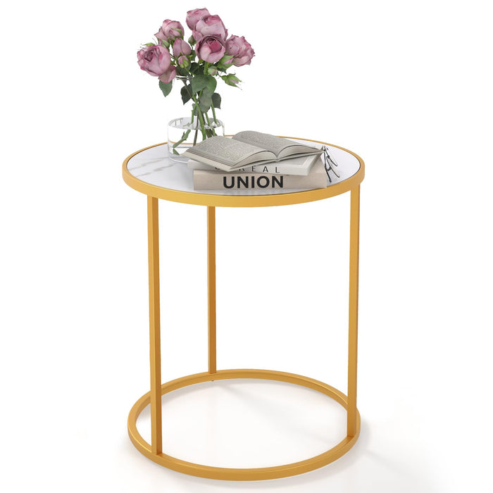 Round Side Table, 40 x 40cm End Table w/Marble Top & Golden Metal Frame