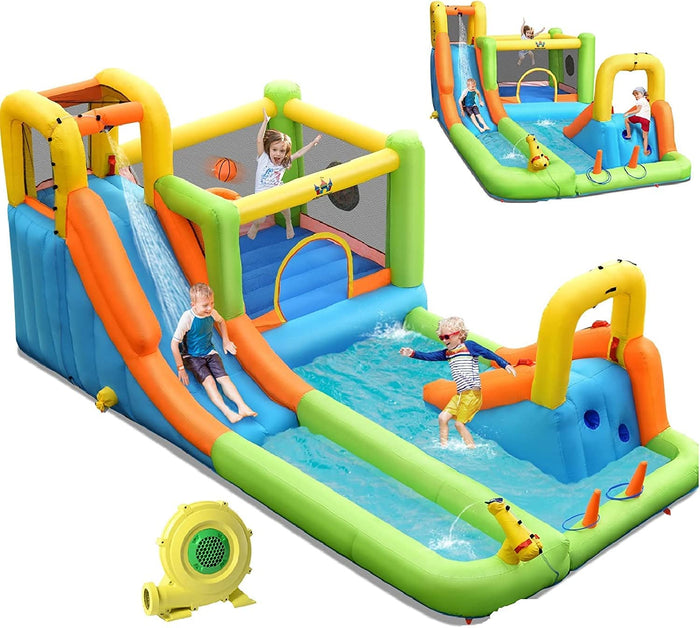 8 in 1 Inflatable Water Slide, Water Park w/Double Slides, Basketball Hoop, Water Gun (with 750W Blower)
