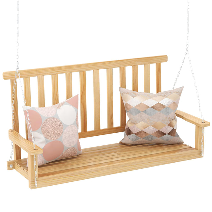 2-Seat Patio Swing Bench, Wood Hanging Porch Swing Chair W/ 2 Sturdy Hanging Ropes