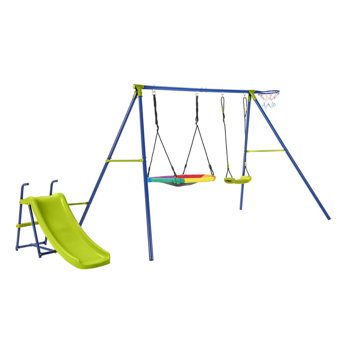 4-in-1 Swing Set Metal Playset with Slide Basketball Hoop