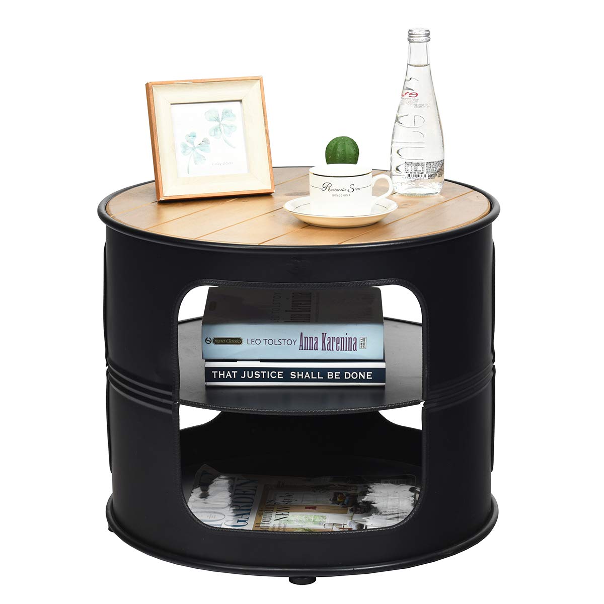 End Side Table, 3-Tier Round Coffee Table with 2 Storage Shelves, Nightstand Unit Desk Bedside Table