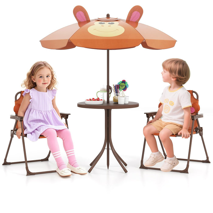 4Pcs Kids Picnic Set, Toddler Outdoor Activity Table w/2 Folding Chairs & a Height Adjustable Umbrella