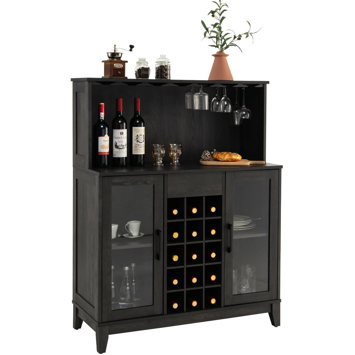 Giantex Freestanding Kitchen Buffet Cabinet, Wood 2-Door Sideboard w/Detachable Wine Rack & Glass Holder