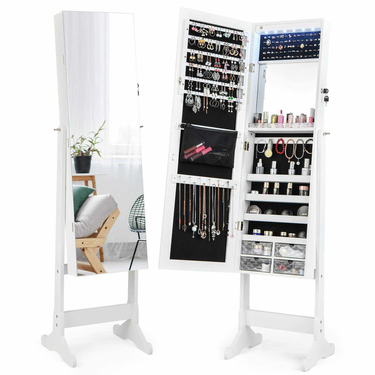 Jewelry Armoire Storage Organizer Lockable Jewelry Cabinet Full-length Mirror