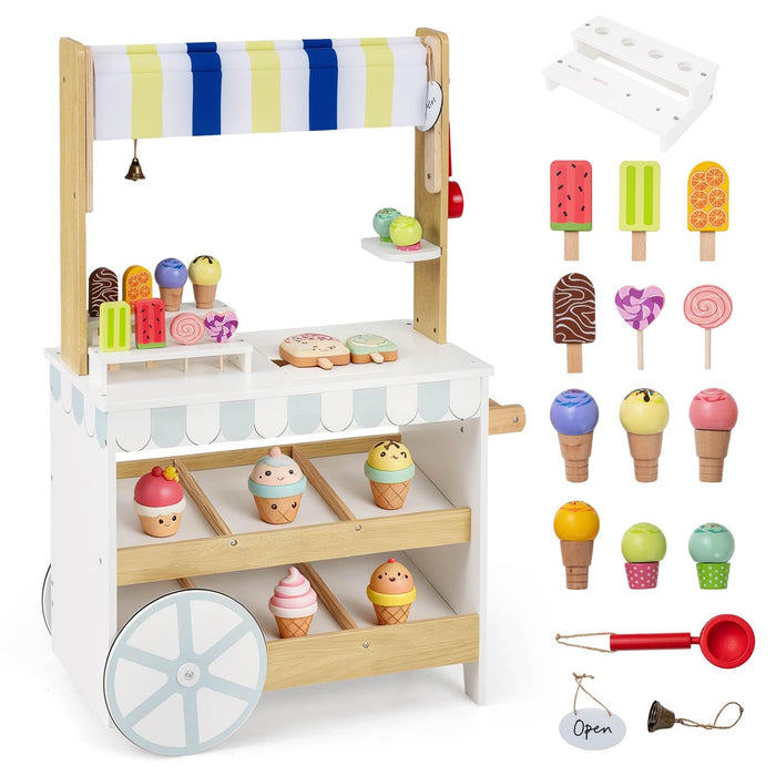 Wooden Ice Cream Cart for Kids, 2-in-1 Grocery Store Playset