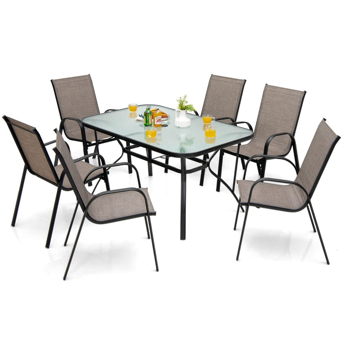 7 Piece Patio Dining Set with 6 Stackable Chairs & Rectangular Table