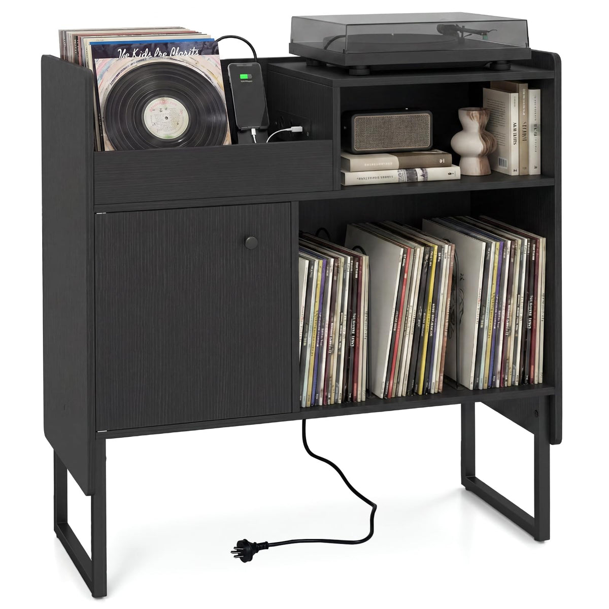 Record Player Stand with Power Outlets and Vinyl Storage Holder