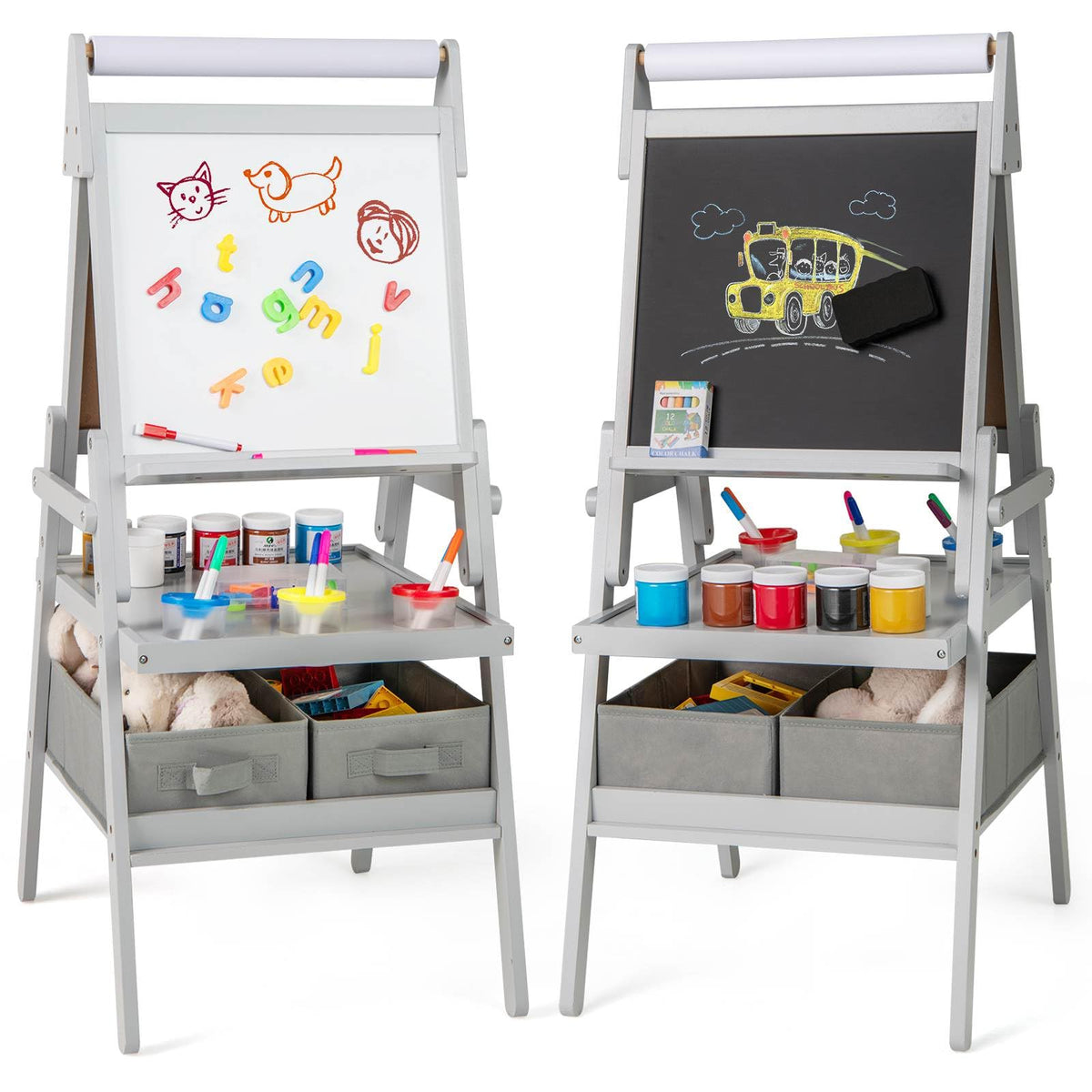 3-in-1 Kids Standing Double-sided Easel with Magnetic Chalkboard and Whiteboard