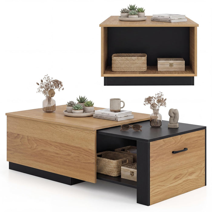 Extendable Coffee Table with 2 Storage Compartments Dual-Tone Center Table