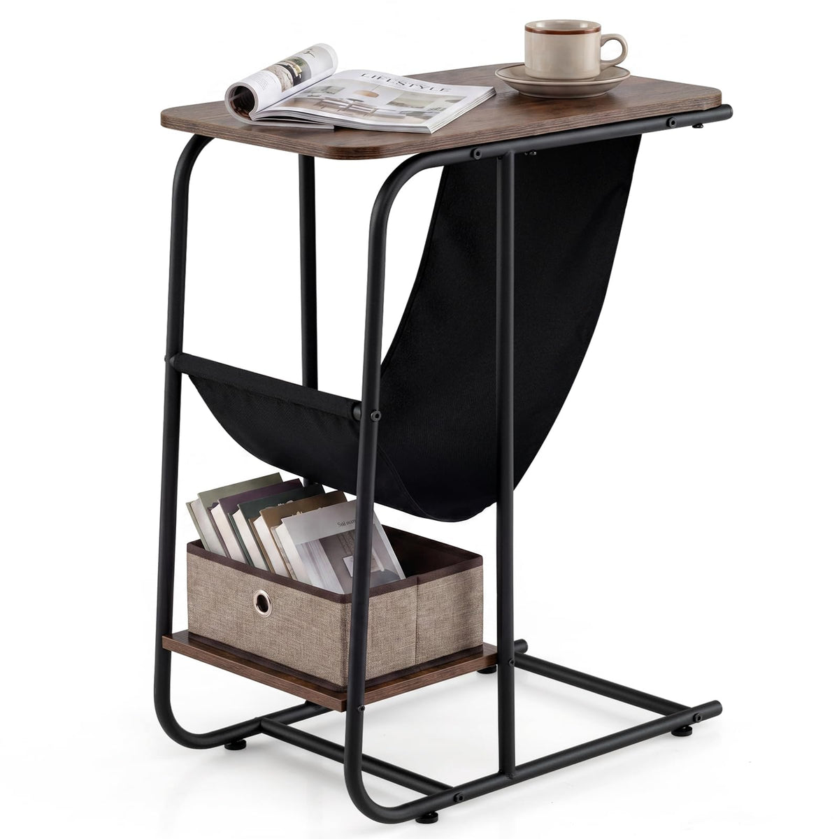 Giantex C-Shaped End Table with Canvas Book Holder & Bottom Storage Shelf