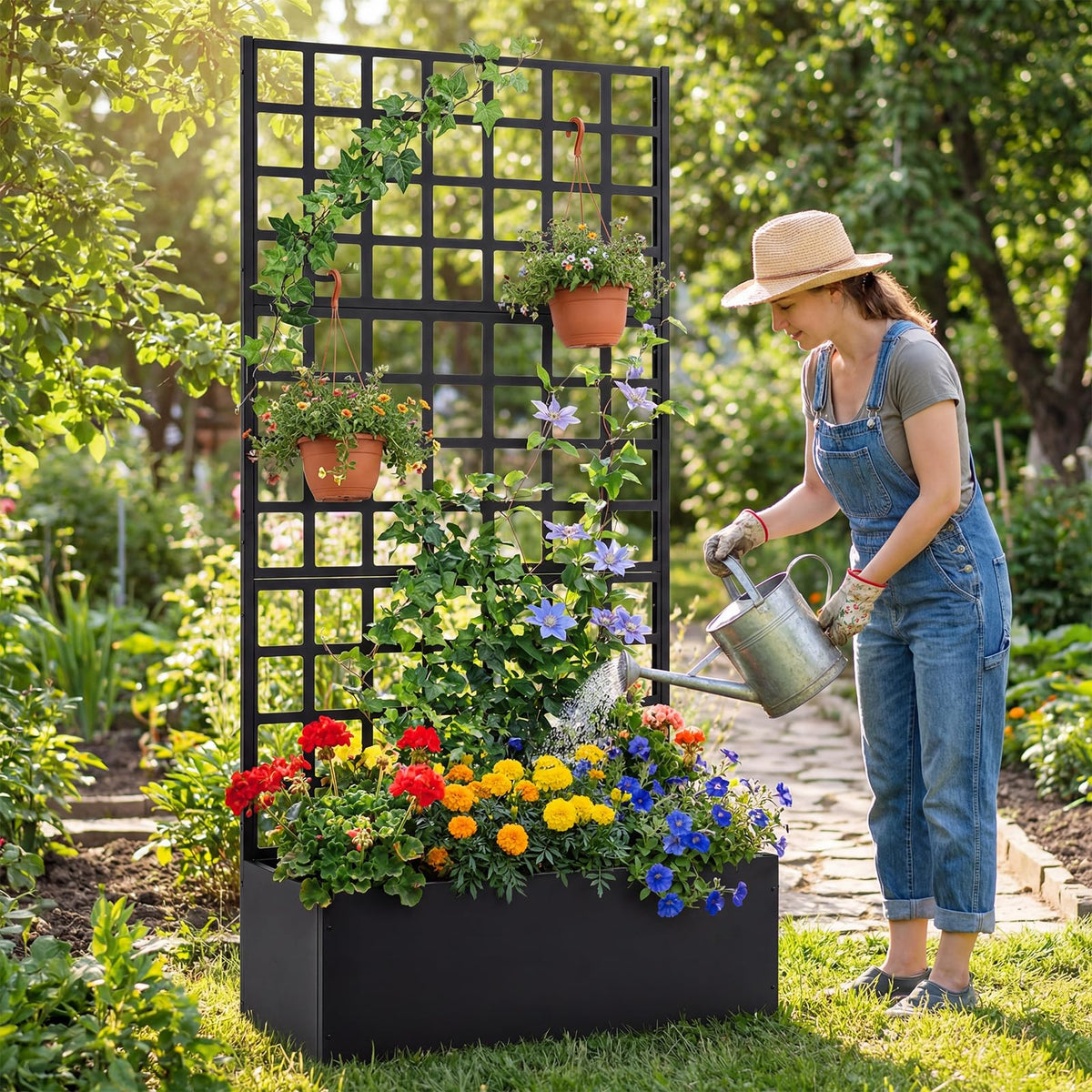 Metal Raised Garden Bed with Trellis, 90 x 40 x 180 cm Galvanized Planter Box