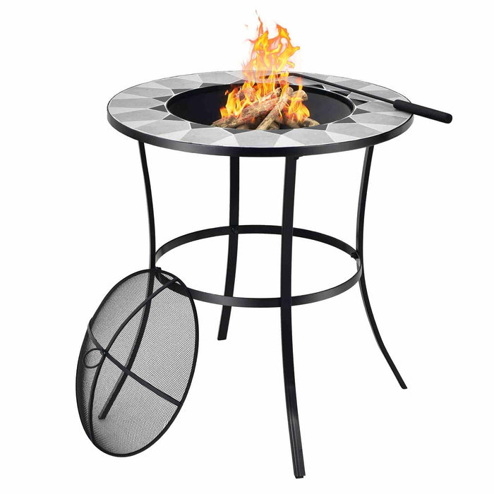 Outdoor Round Fire Pit Table with Mesh Screen Lid and Fire Poker