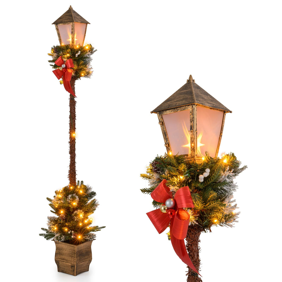 187cm Christmas Pre-lit Street Lamp Holiday Lamp Post with Artificial Greenery