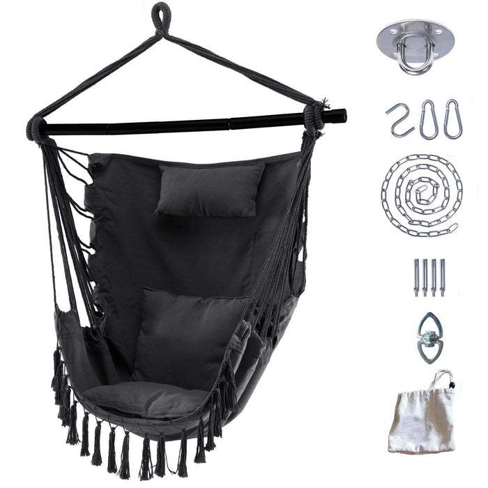 Hammock Swing Chair, Hanging Rope Swing w/Detachable Steel Bars, Side Pocket, Head Pillow & 2 Cushions