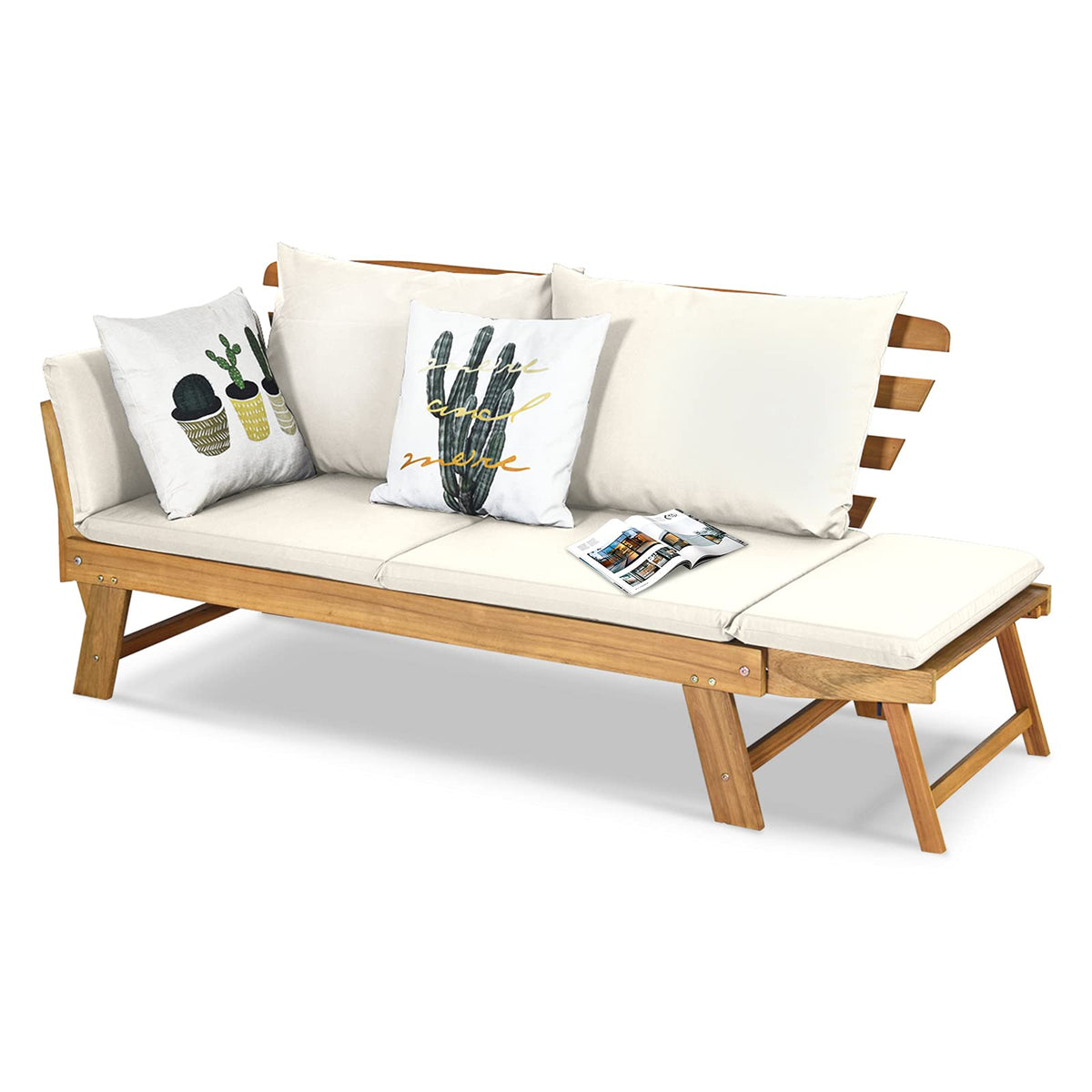 Outdoor Convertible Acacia Wood Daybed, Couch Sofa Bed w/Adjustable Armrest