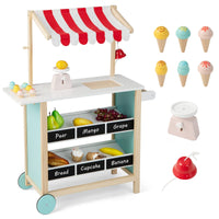 Kids Pretend Play Grocery Store, Wooden Ice Cream Cart Toy Set for Kids Ages 3+ with Ice Cream Making Counter