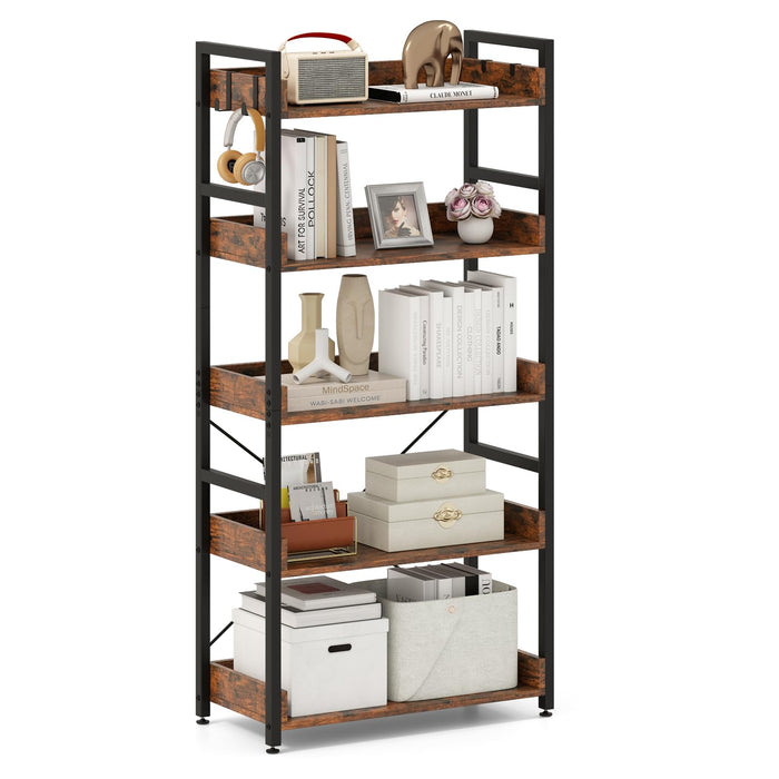 5-Tier Bookshelf,Tall Industrial Bookcase w/Open Shelves & 4 Hooks