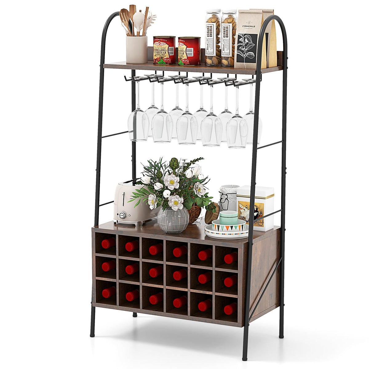 Giantex Freestanding Wine Bar Cabinet w/Detachable Wine Rack & 5 Rows of Stemware Holder