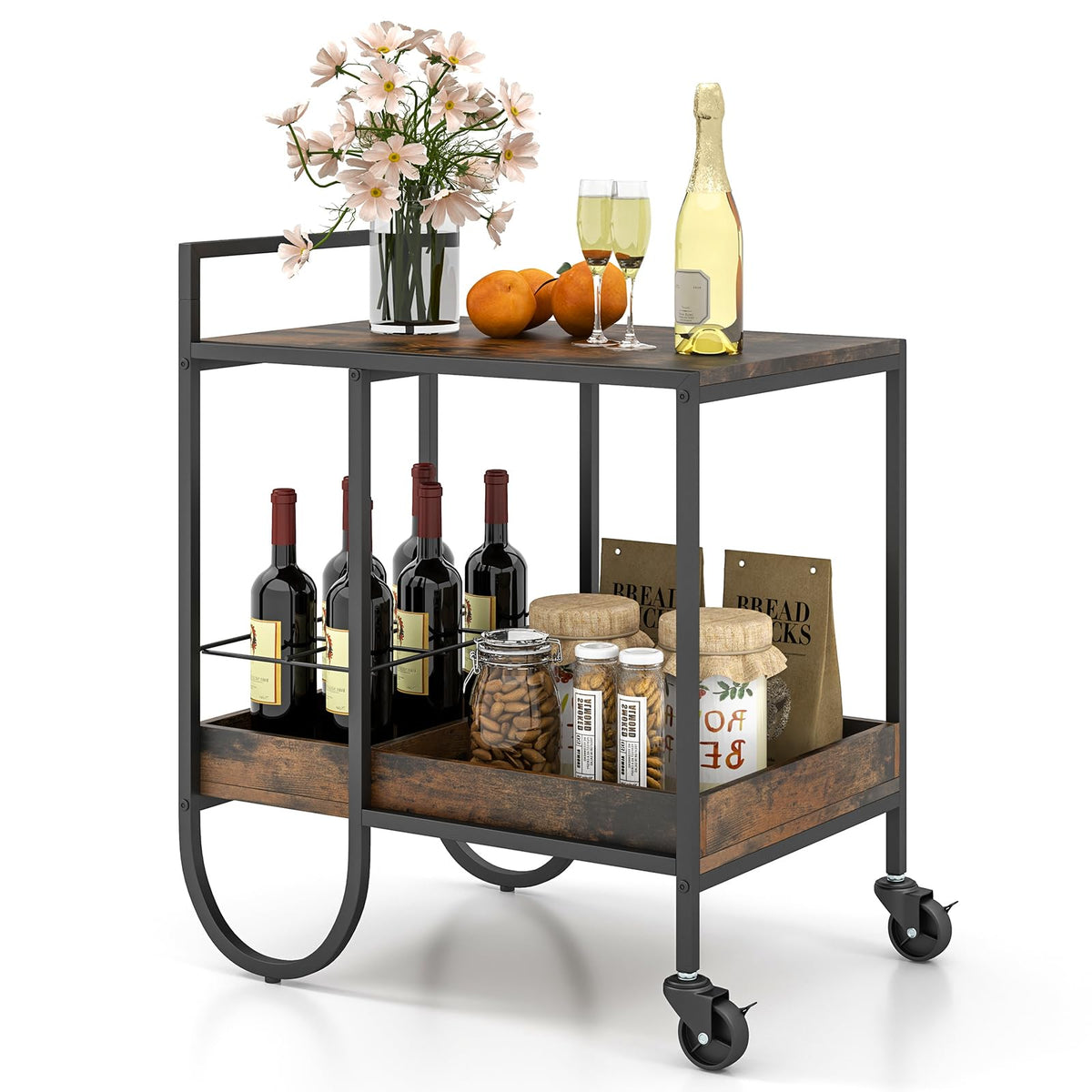 Giantex Bar Cart, Liquor Beverage Serving Cart with 6-Bottle Removable Metal Wire Wine Rack