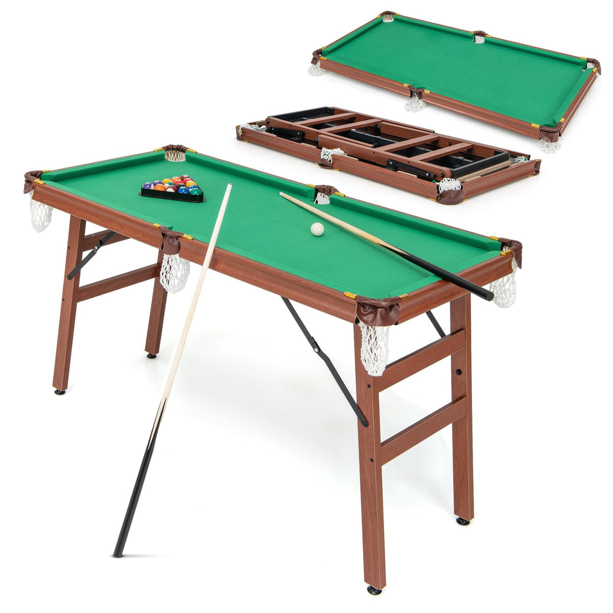 Folding Pool Table Set Portable Billiards Table Game w/Foldable Legs, Adjustable Foot Levelers