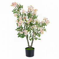 36" Artificial Impatiens Blossom Tree, Faux Pink Floral Plant in Cement-Filled Pot