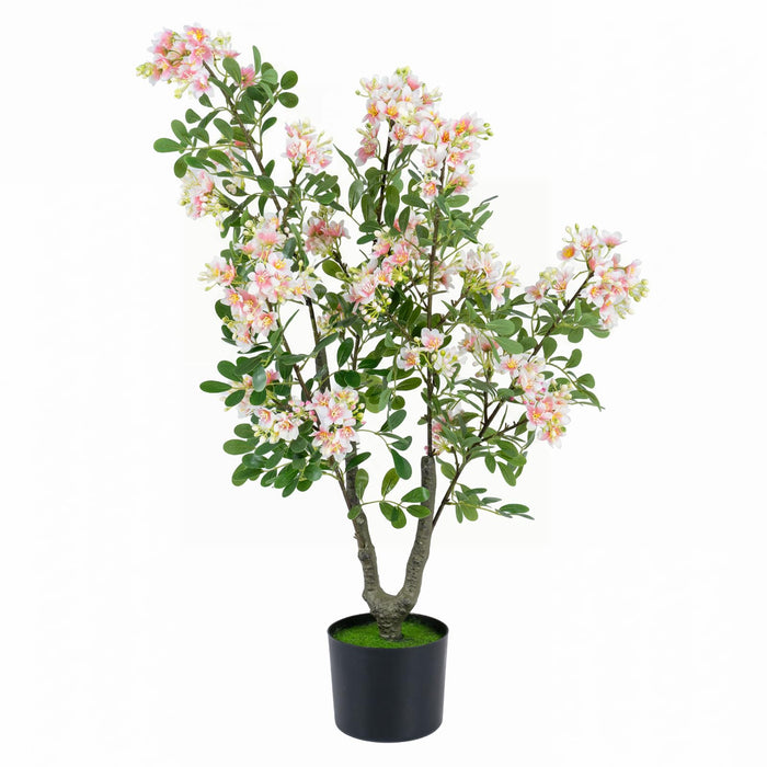 36" Artificial Impatiens Blossom Tree, Faux Pink Floral Plant in Cement-Filled Pot