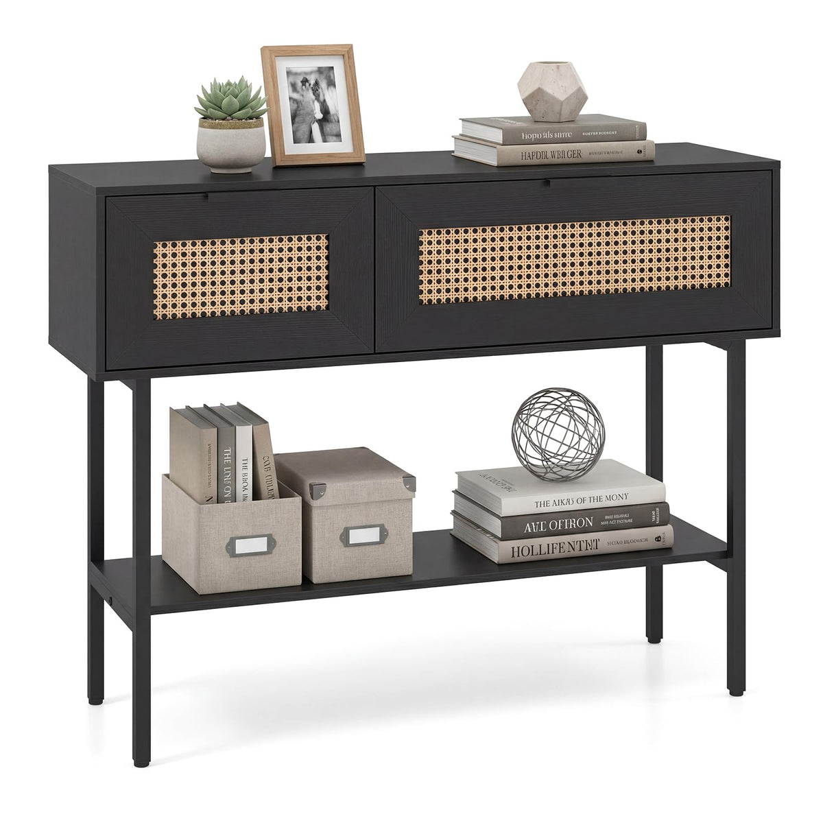 Rattan Console Table with Flip Doors and Open Storage Shelf