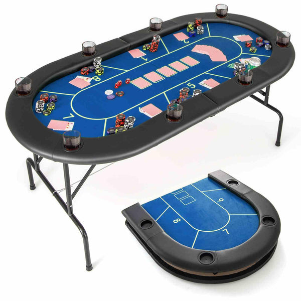 Foldable Poker Table, 8 Players Card Board Game Table w/ 8 Cup Holders, Casino-Grade Felt Surface