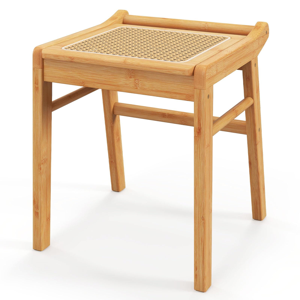 Giantex Bamboo Vanity Stool, Rattan Top Ottoman Footrest w/Anti-Slip Foot Pads