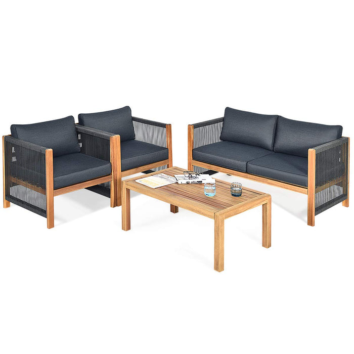 4 Pieces Acacia Wood Patio Conversation Set with Armrest