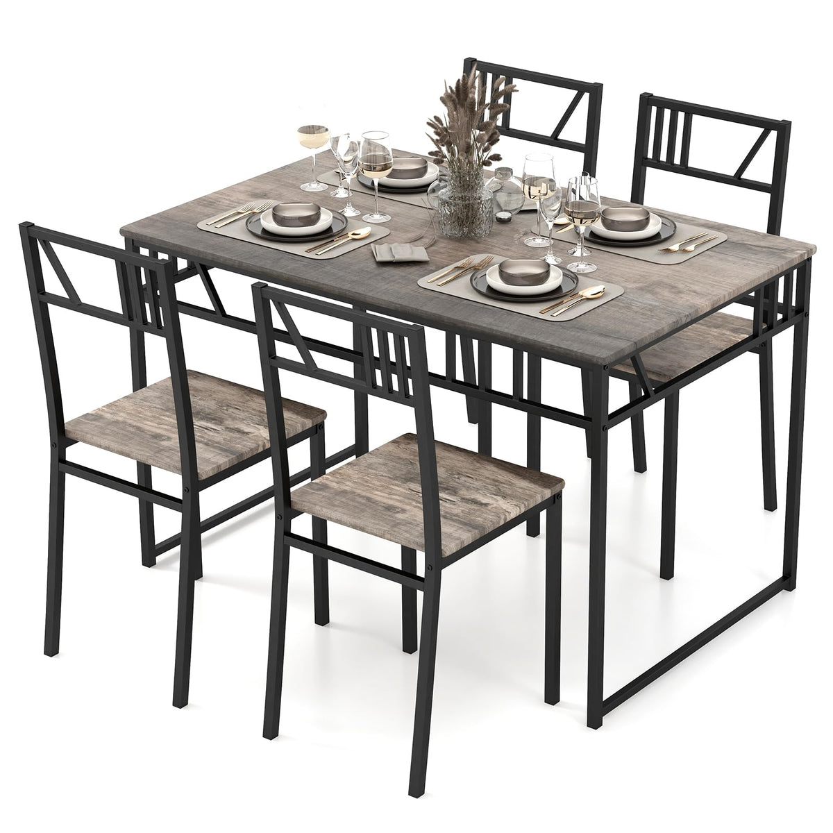 Giantex 5 Piece Dining Table Set, Industrial-Style Kitchen Table & 4 Chairs w/Wood Like Tabletop & Metal Frame