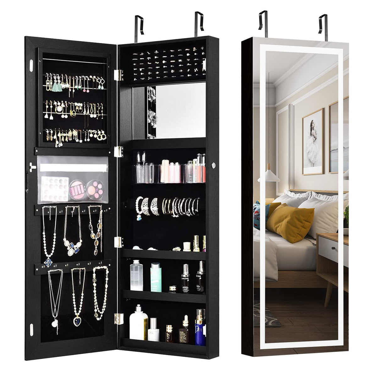 Giantex Mirror Jewelry Cabinet w/LED, Wall/Door Mounted Jewelry Organizer