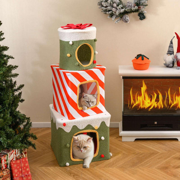 120 cm Christmas Cat Tree Stackable with 3 Condos and Dangling Ball