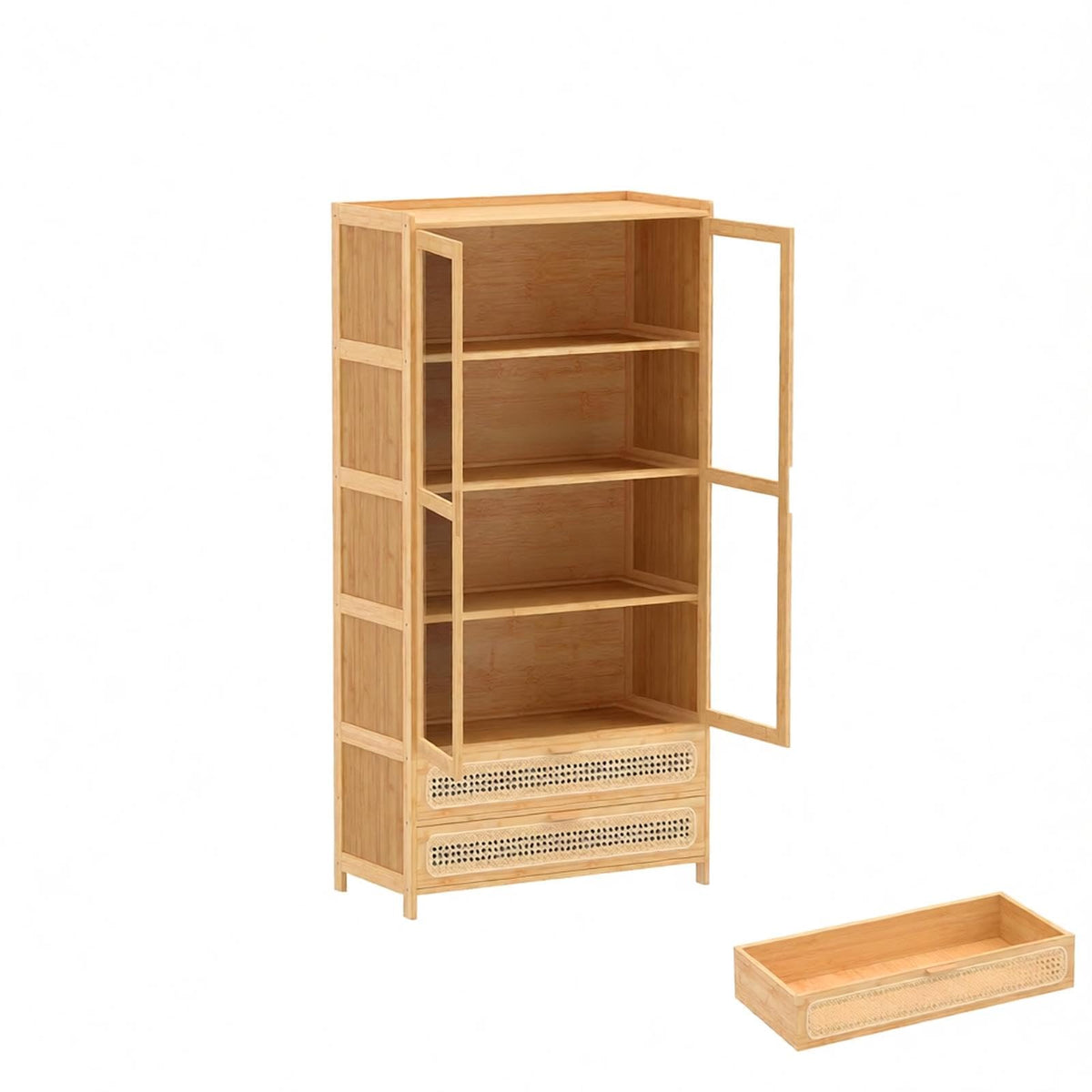 Giantex 138.5 cm Bamboo Bookshelf w/ 2 Acrylic Doors, 4 Shelves & 2 Drawers