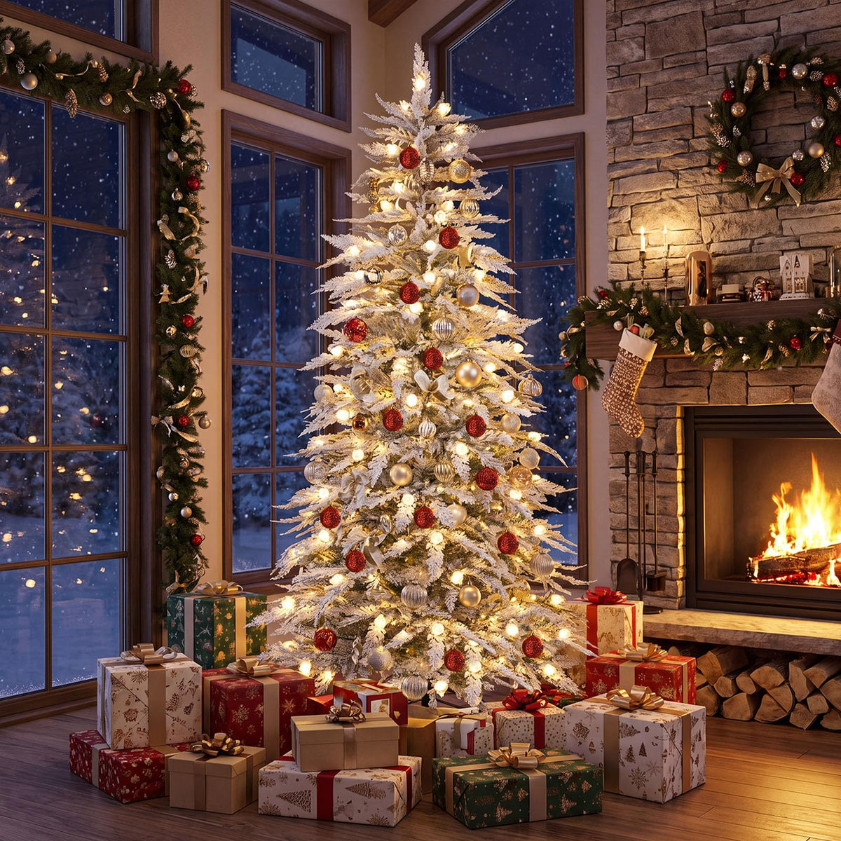 180/210cm Flocked Cypress Christmas Tree, Pre-Lit, Hinged