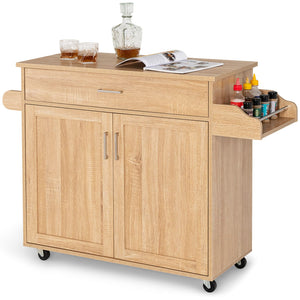 Giantex Wooden Rolling Kitchen Island, Storage Cart Trolley w/ Adjustable Shelf, Spice Storage Sgelf, Towel Rack & Drawer