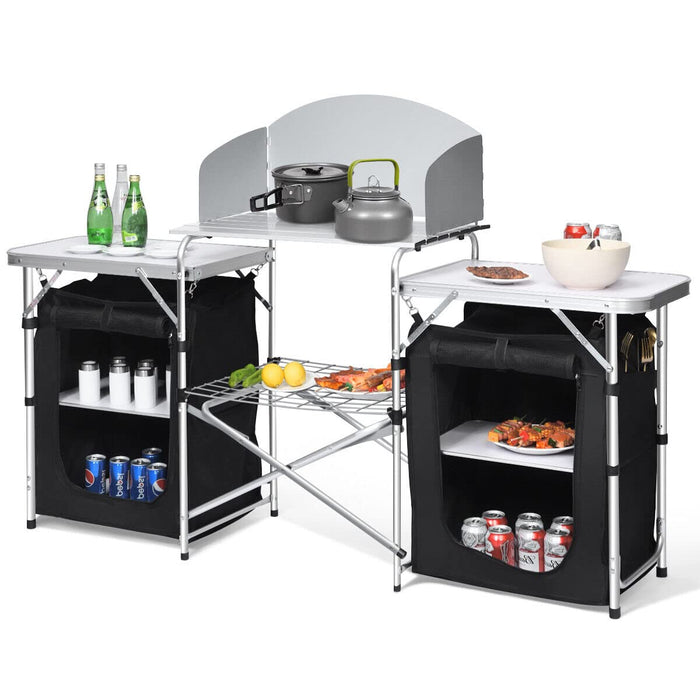 Portable Camping Kitchen Table, Aluminum Fold-Up Camping Kitchen with Windscreen