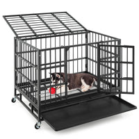 96CM/120CM Foldable Heavy-Duty Metal Dog Cage W/Lockable Rolling Casters, Removable Tray, 2 Lockable Doors