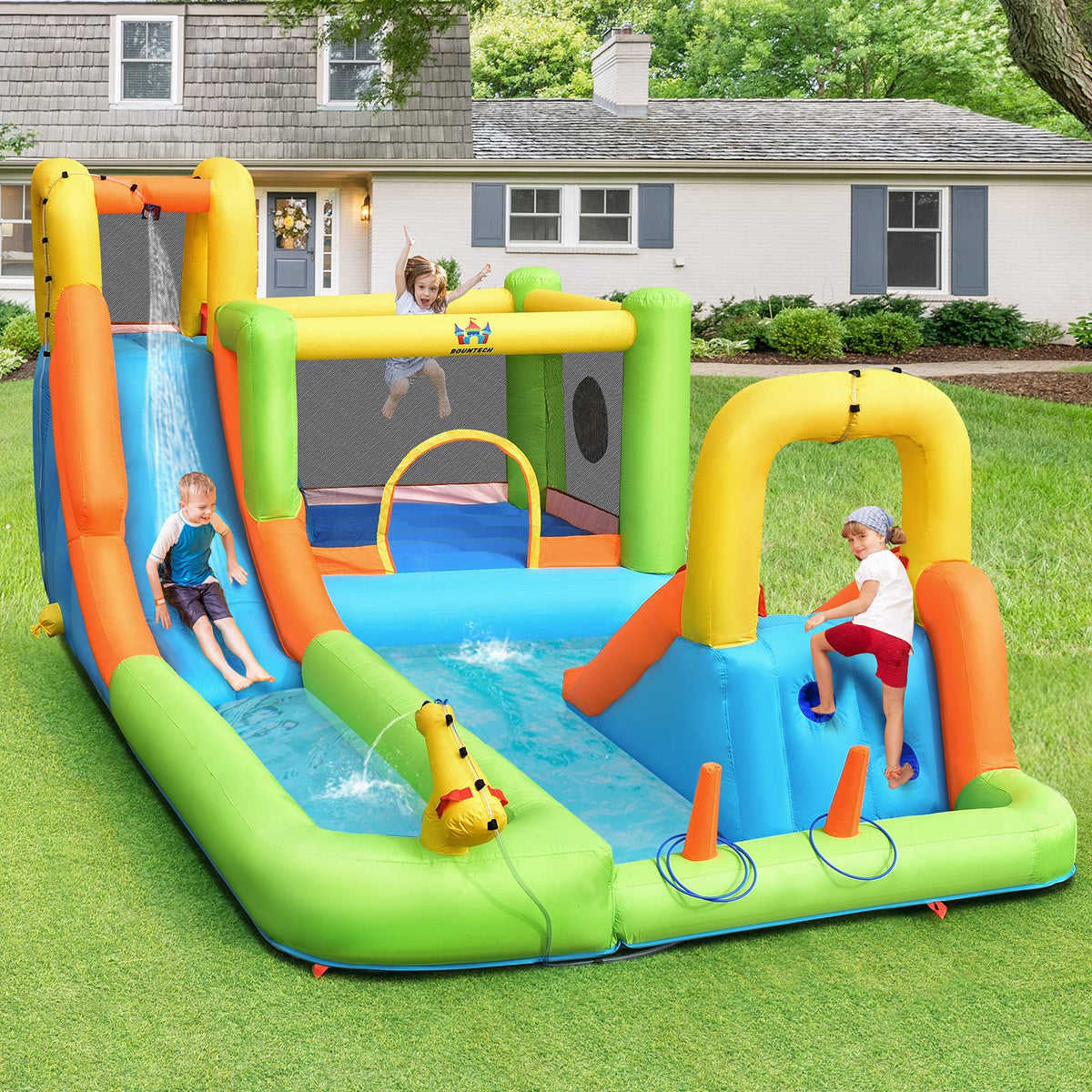 Inflatable Water Slide, Inflatable Bounce House w/Double Slides, Basketball Hoop