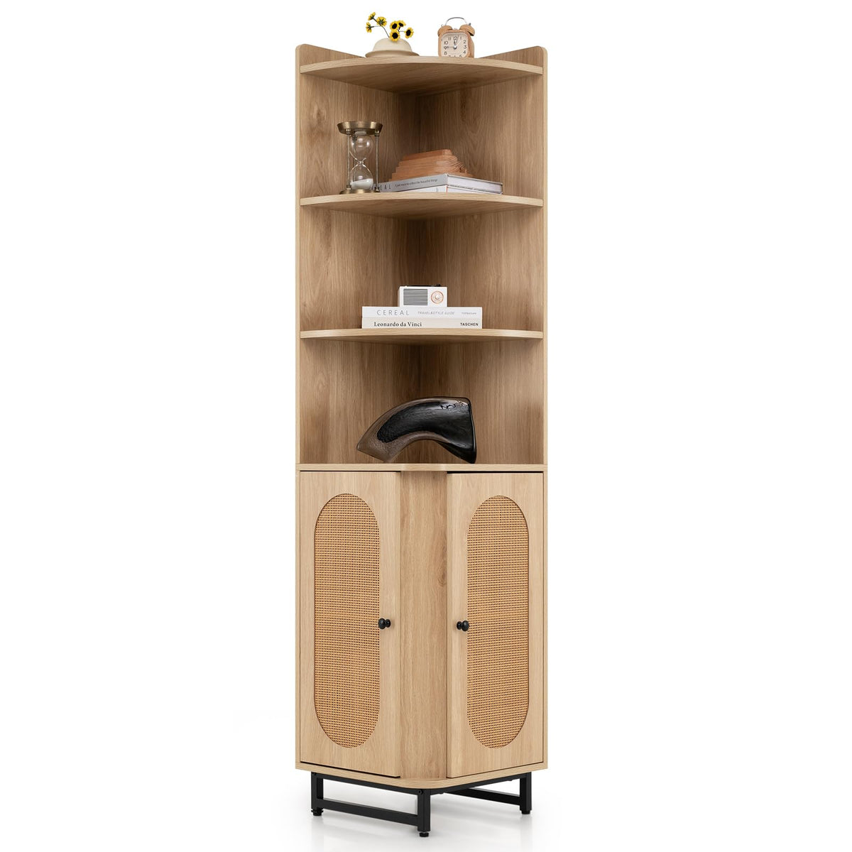 PE Rattan Corner Cabinet 172 cm Tall Corner Bookcase with 2 Doors and 4 Open Shelves