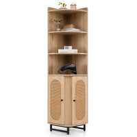 PE Rattan Corner Cabinet 172 cm Tall Corner Bookcase with 2 Doors and 4 Open Shelves