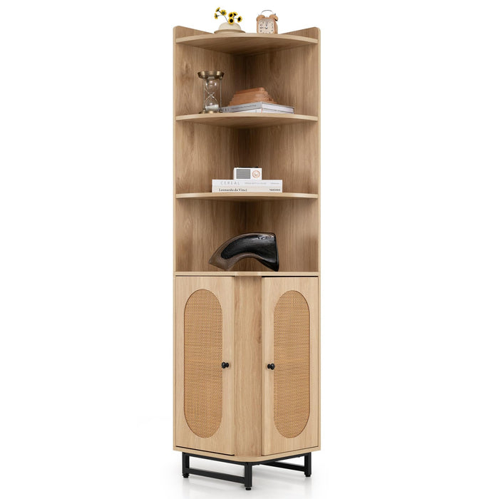 PE Rattan Corner Cabinet 172 cm Tall Corner Bookcase with 2 Doors and 4 Open Shelves