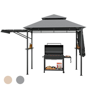 413 x 122cm Outdoor BBQ Grill Gazebo W/Dual Side Awnings, 2 Side Shelves, 8 Stakes Double-Tiered