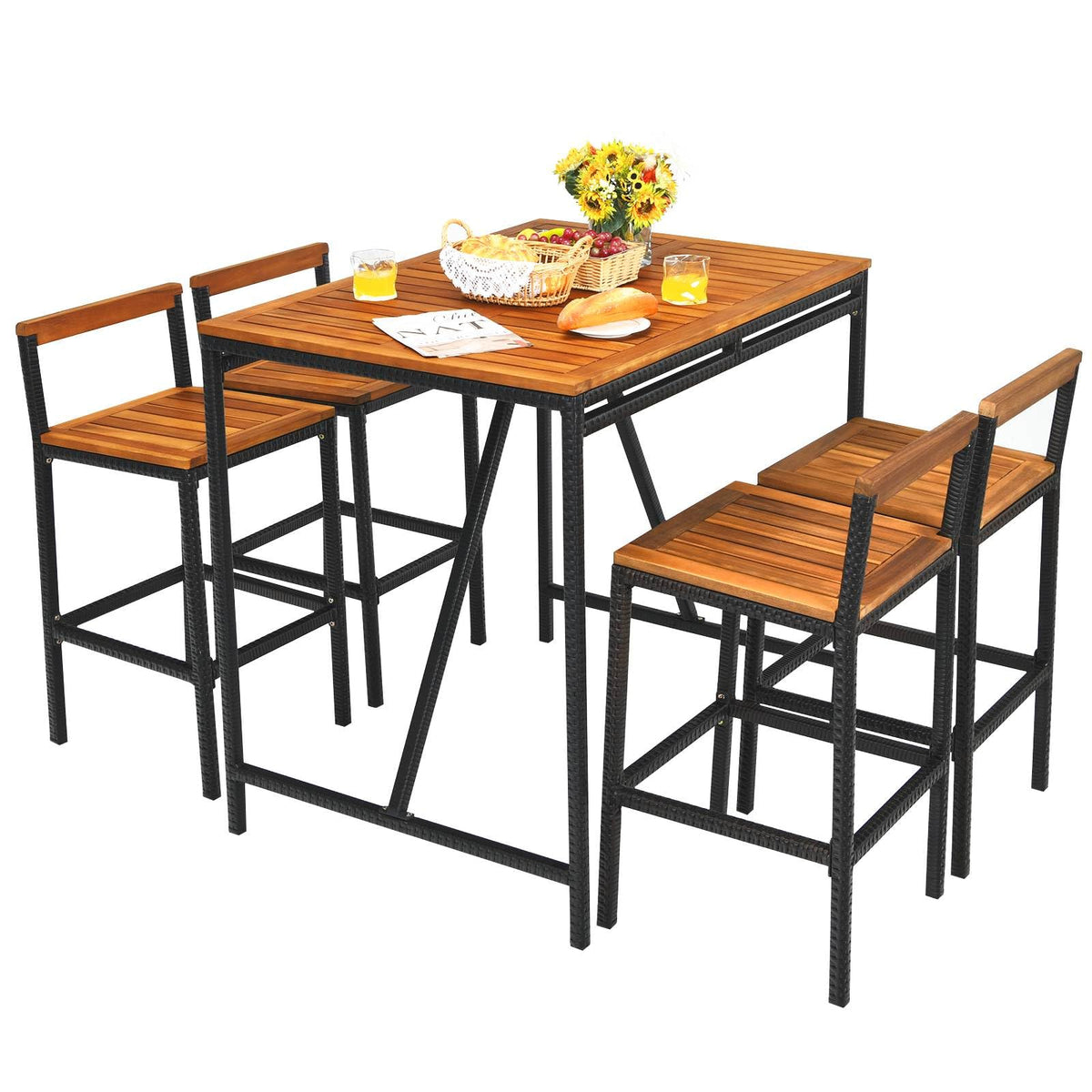5-Piece Outdoor Acacia Wood and PE Rattan Bar Set