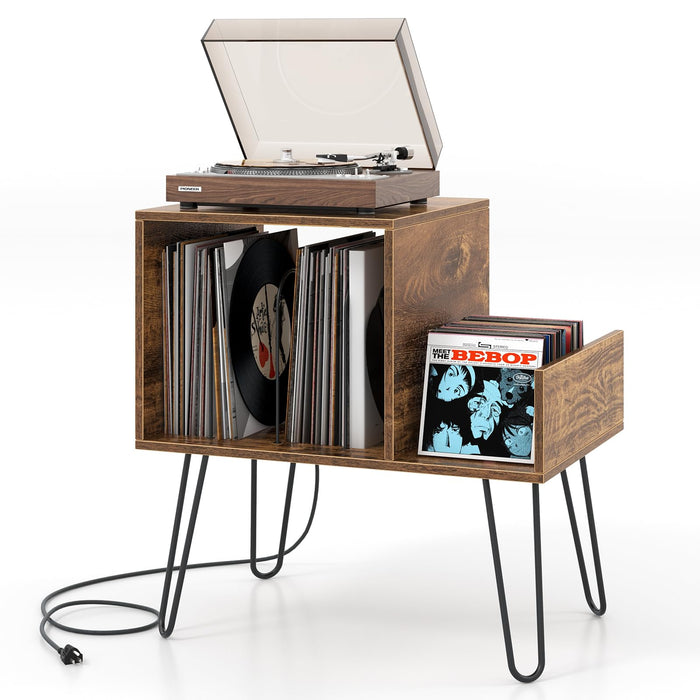 Giantex Record Player Stand with Power Outlet, Turntable Stand with Vinyl Divider & Display Shelf