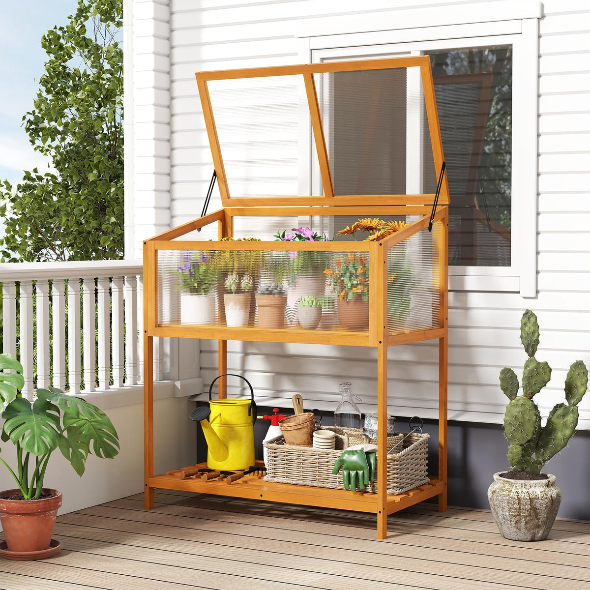 Wood Cold Frame Greenhouse, Raised Flower Planter Protection