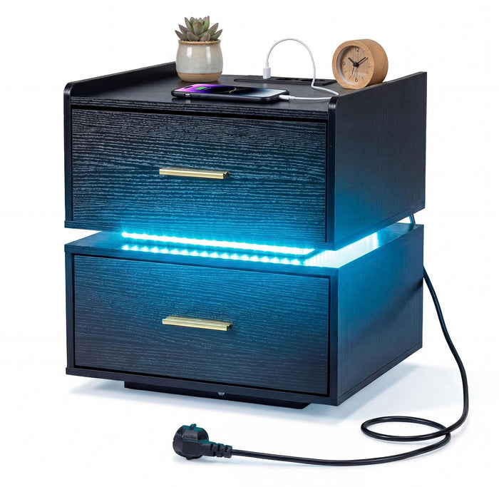 Nightstand with Charging Station, LED Bedside Table with 2 Storage Drawers