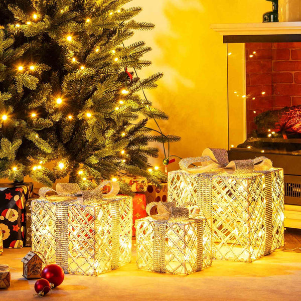 3 Pack Christmas Lighted Gift Box with 50 LED Lights and Bows