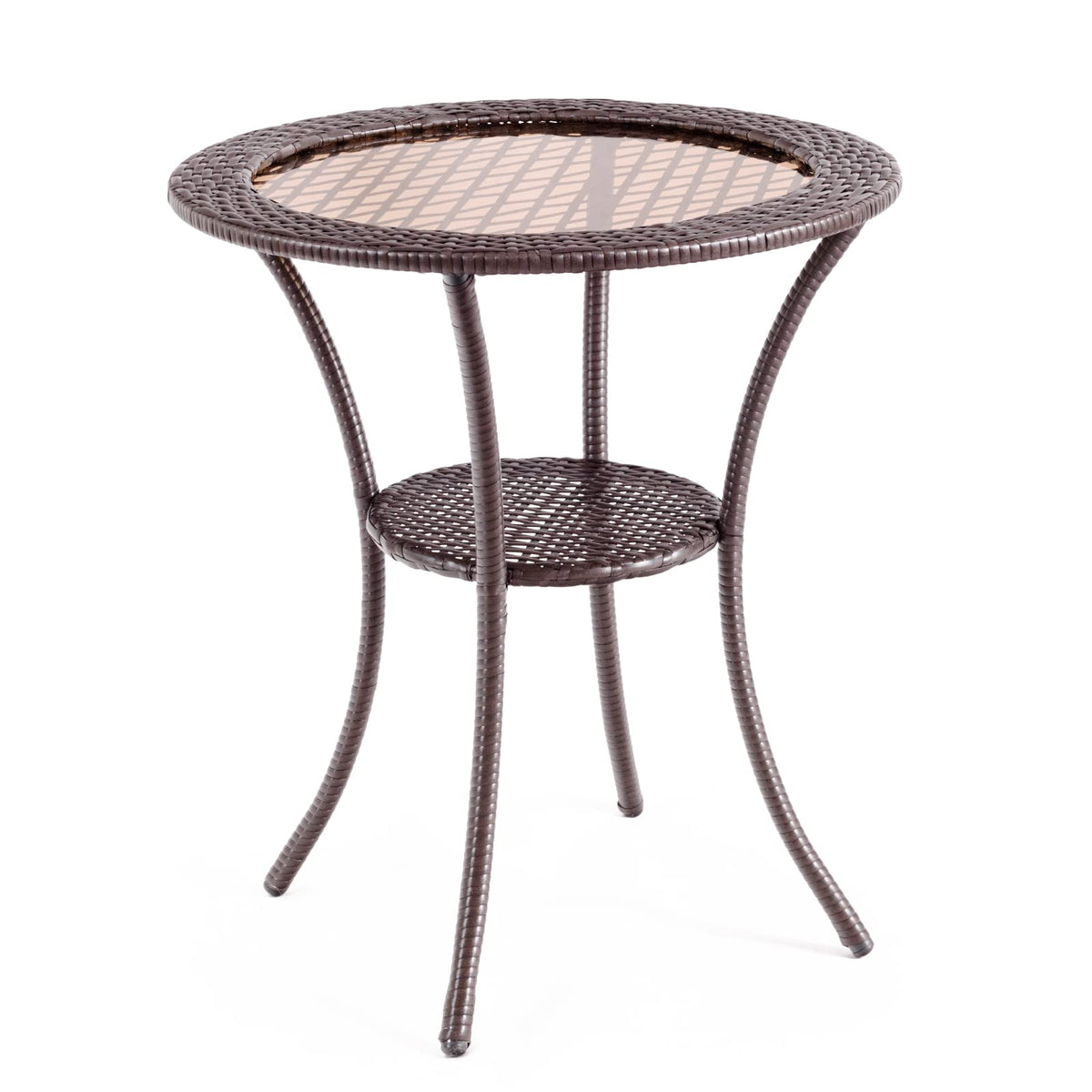 Giantex Outdoor Round Dining Table, Patio Bistro Table w/ Tempered Glass Tabletop & Storage Shelf, Brown