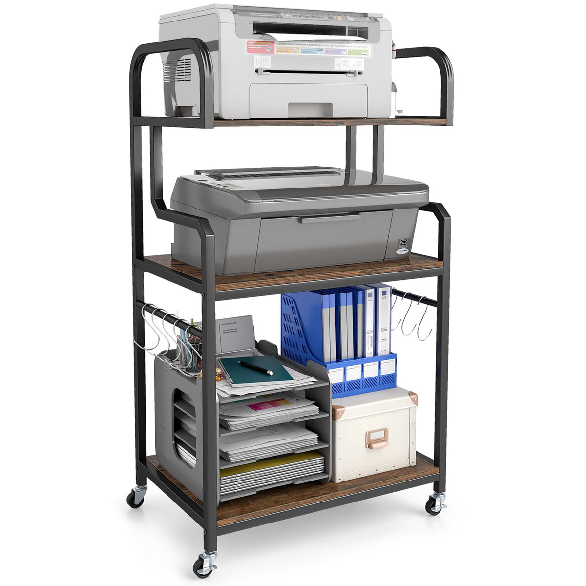 3-Tier Rolling Printer Stand, Home Office Large Printer Cart w/Storage Shelves
